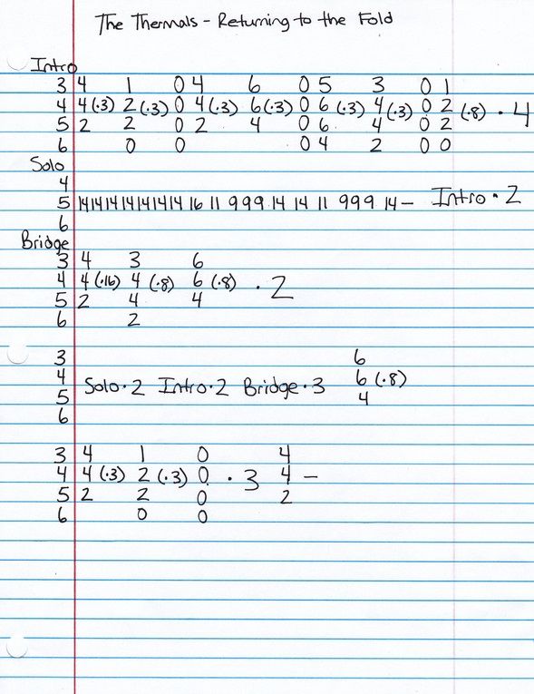 High quality guitar tab for Returning To The Fold by The Thermals off of the album The Body, The Blood, The Machine. ***Complete and accurate guitar tab!***